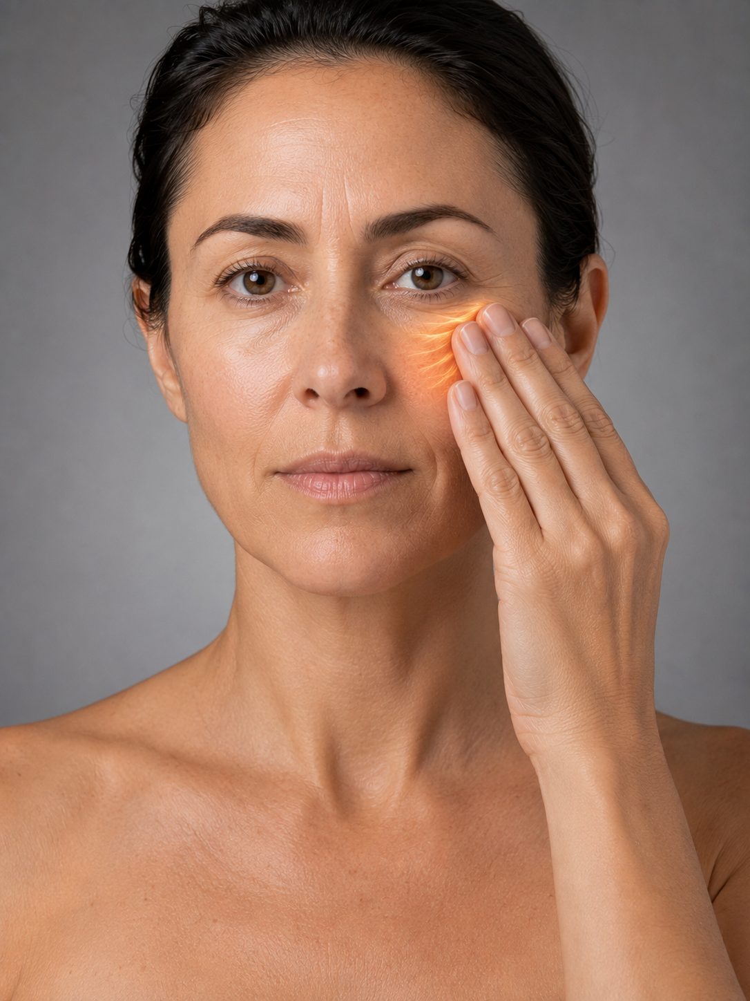 Fingers resting flat on the cheekbone beside the eye, the muscle beneath faintly visible