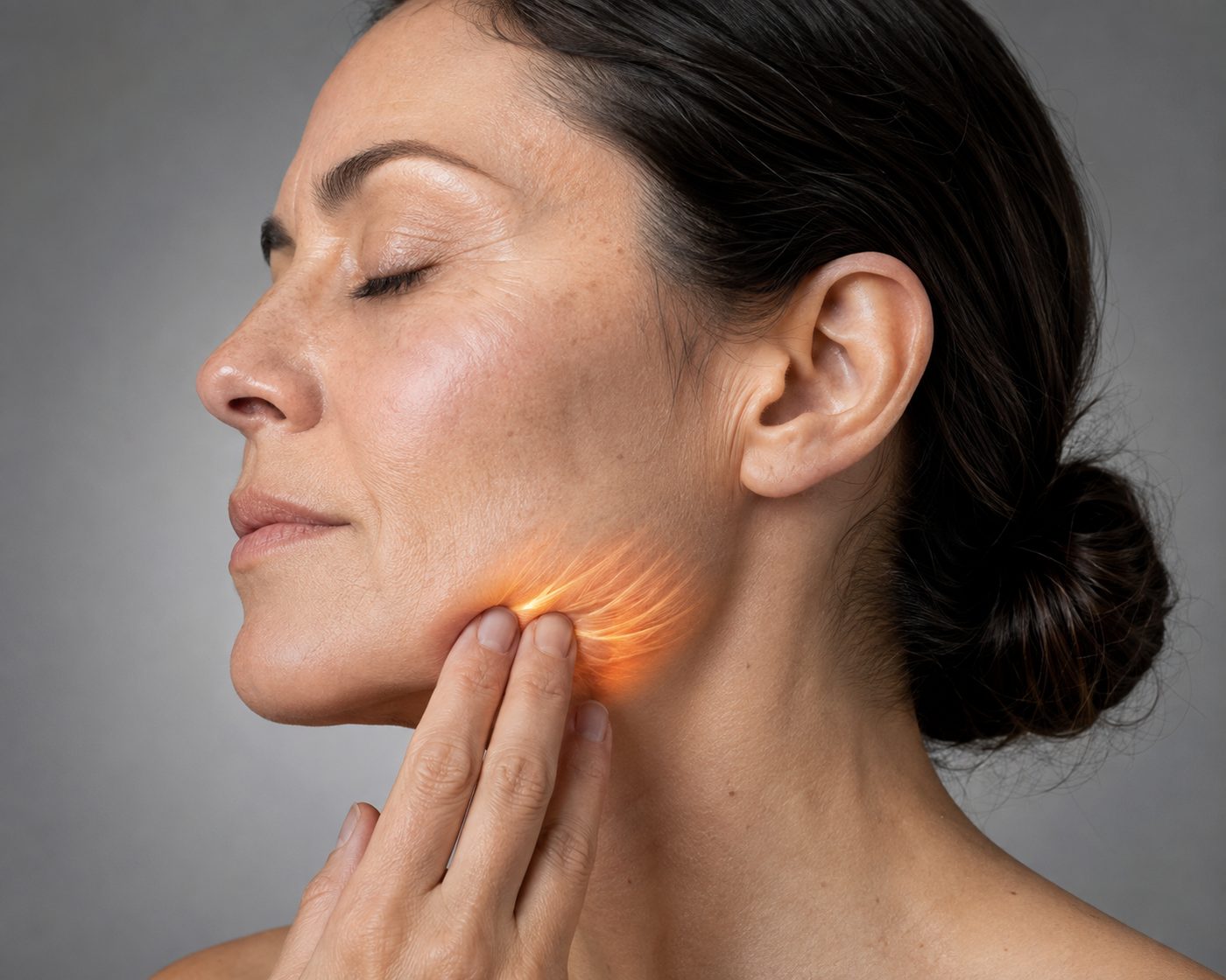 Fingertips pressing at the angle of the jaw, the jaw muscle glowing softly beneath the skin