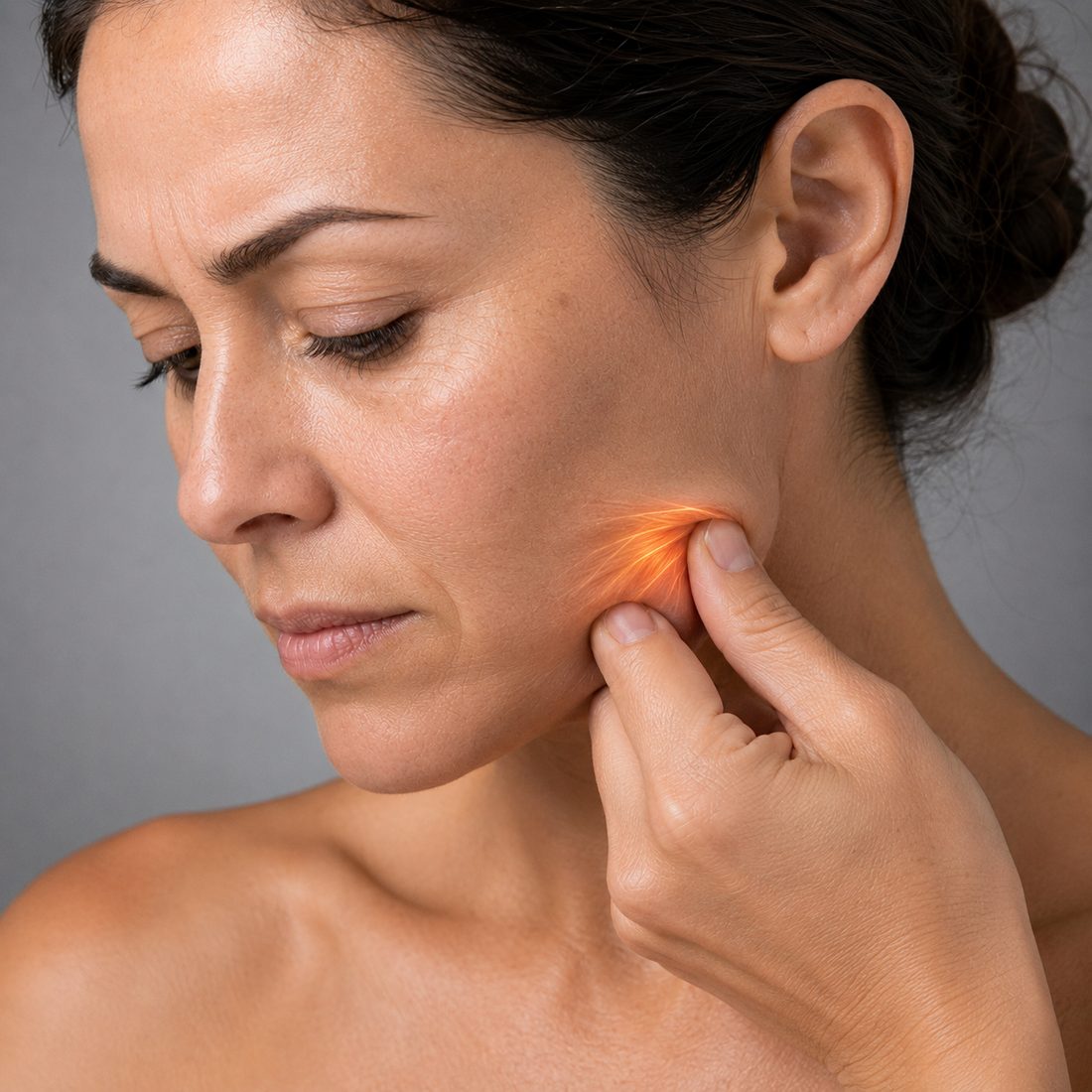 Thumb and finger pinching gently along the jawline, the muscle glowing at the point of contact